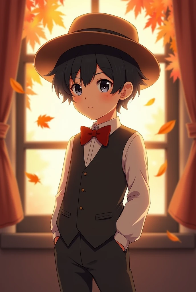 solo,black hair,1boy,hat,bow,male focus,pants,bowtie,vest,window,leaf,hand in pocket,autumn leaves,male child,Realistic photos, high quality