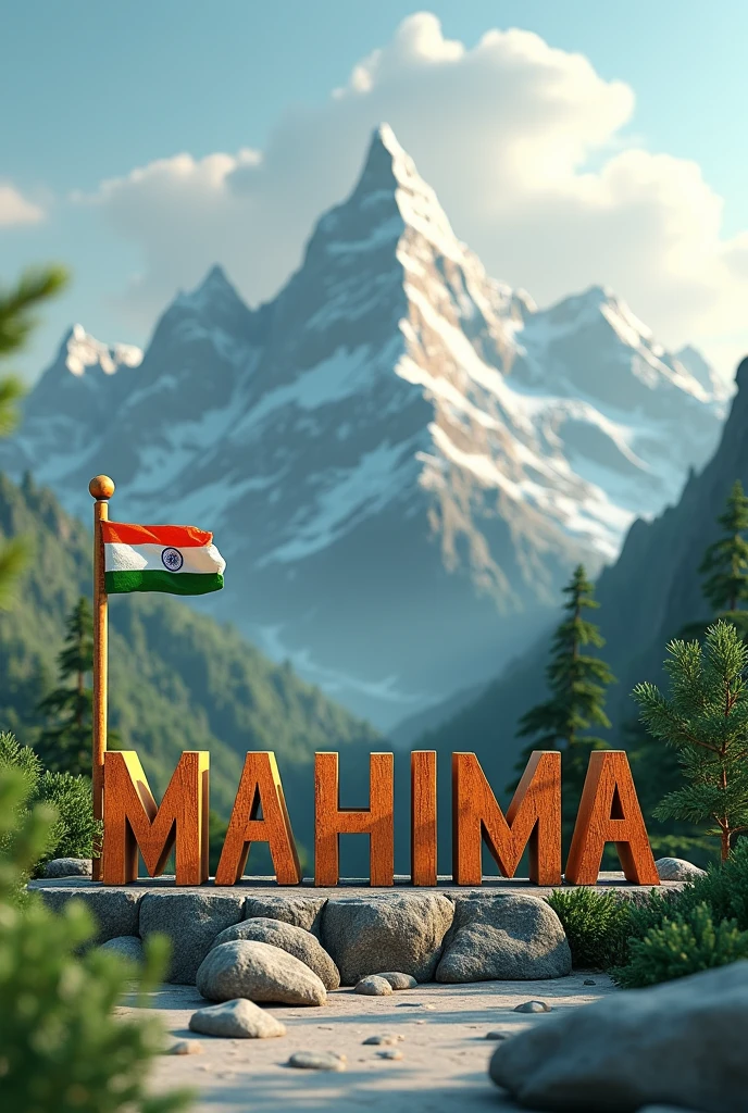 Name “MAHIMA” real 3D mountain background with big Indian flag , wood text capital , leaf peal. stylish in front 3D rendering, typography, 3d render,