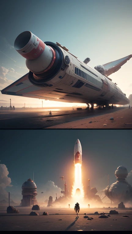 Fantasy,On a different planet,A giant spaceship is stationary,The spaceship is broken,Outside the spacecraft, Robot and beautiful female astronaut are repairing,There are a lot of wrecked spaceships,Expansiveness,Great details,Cinema Lenses,Wide-angle composition,Hazy