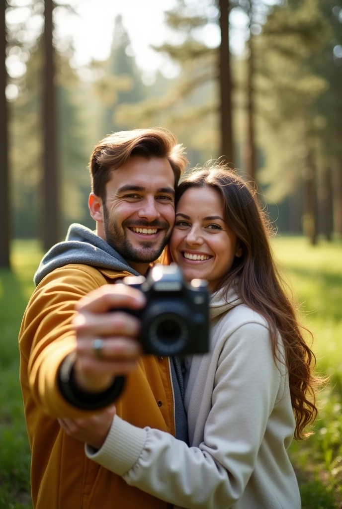 A couple takes a selfie together in the park.,Happy expression,Behind is a pine forest,sunny