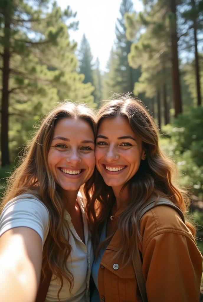 A couple takes a selfie together in the park.，Happy expression，Behind is a pine forest，sunny