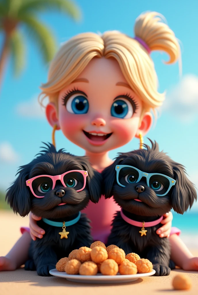 cute adorable 2 black shih tzu puppies with big blue eyes wearing sunglasses, cute blonde girl, extremely detailed, big blue eyes, wearing colorful collar and sunglasses, served treats on a platter, 3D Pixar style, at beach, photorealistic, (best quality,8k,highres,masterpiece:1.2),ultra-detailed,(realistic:1.37),HDR,vivid colors,studio lighting