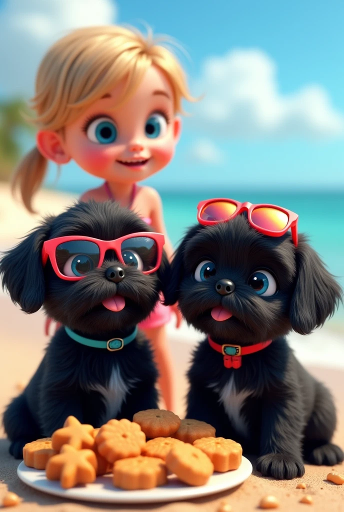 cute adorable 2 black shih tzu puppies with big blue eyes wearing sunglasses, cute blonde girl, extremely detailed, big blue eyes, wearing colorful collar and sunglasses, served treats on a platter, 3D Pixar style, at beach, photorealistic, (best quality,8k,highres,masterpiece:1.2),ultra-detailed,(realistic:1.37),HDR,vivid colors,studio lighting