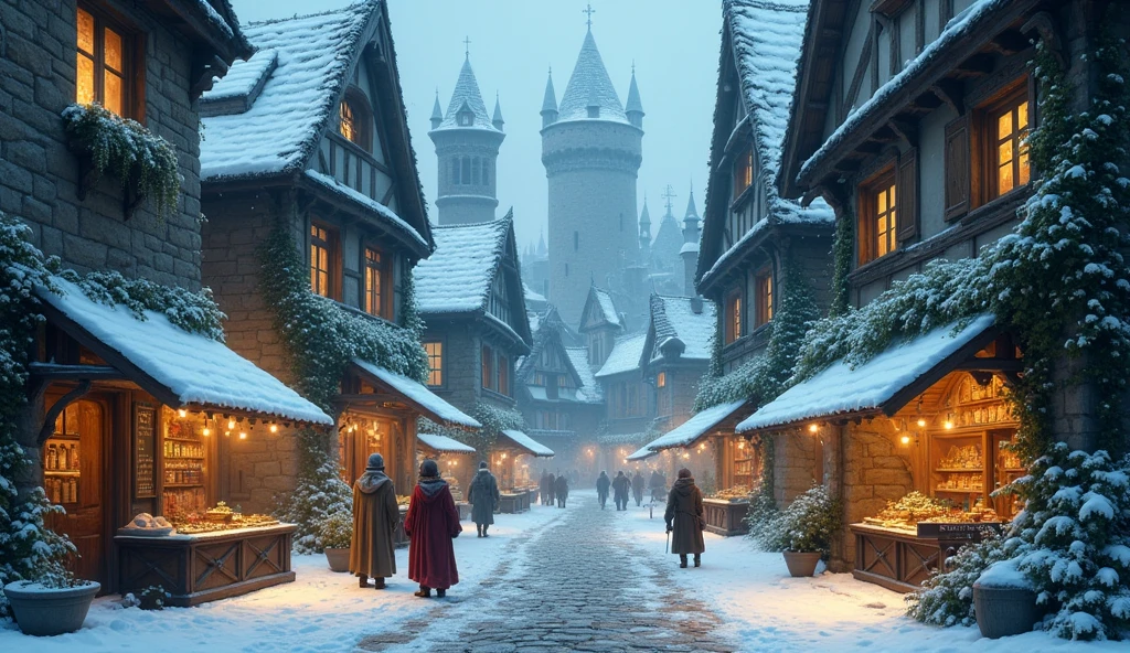 illustration, fantasy and magic World, Snowfall, Villagers, downtown of medieval city, landscape. background with market, tavern, stone road. night time, There are vines growing on the walls of the building