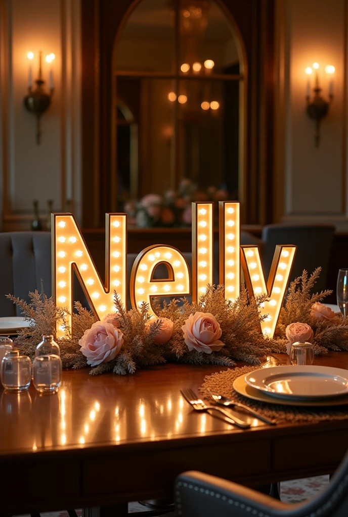 Event centerpiece with illuminated letters that say Nelly above a hall table in a home in an urban area 