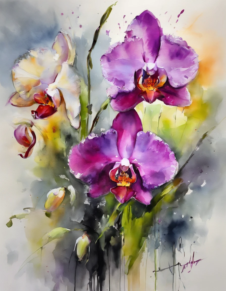 ((materpiece)), ((best quality)), ((high-res)), ((Ink wash)), ((artist)), ((extremly details)), beautiful orchid flowers, neon colors