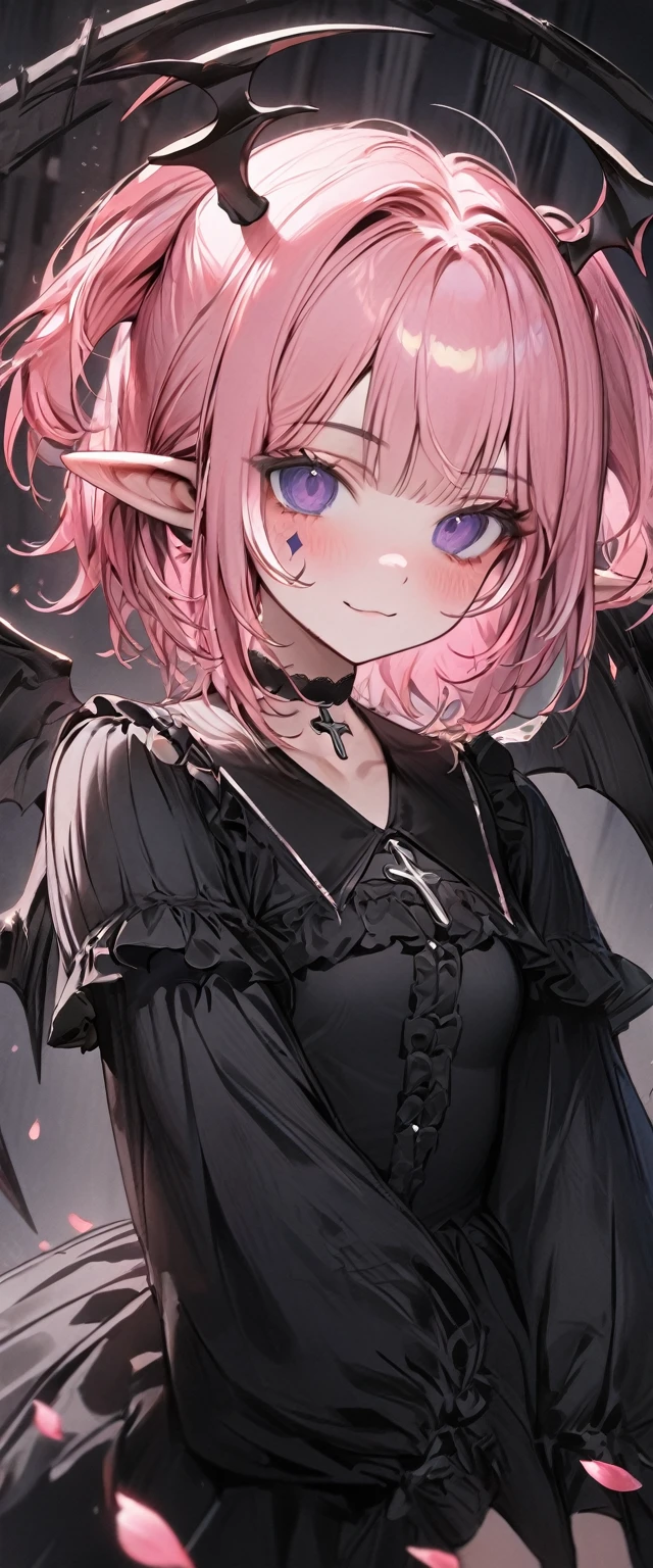 UHD, masterpiece, best quality, extremely detailed, anatomically correct, sharp focus, Midnight, gloomy atmosphere, Church, altar isle, 1girl, solo, camilavtuber, pink hair, short hair, shoulder length hair, (black head wings:1.1), (twin ponytail), PURPLE EYES, PURPLEIRIS, (facial mark), small mouth, closed mouth, smiling, ((gold crucifix choker)), black arm sleeves, slim arms, black gloves, small chest, 1 devil wing, single wing, ((long black gown)), frilly gown, slim legs, black stockings, (black high heels), (full body view) , (close-up), innocent pose, eye-level shot, front view, innocent pose, scattered pink petals