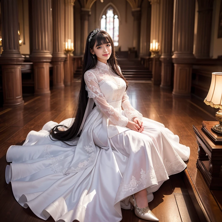 best quality, Delicate face,beautiful visual work, lifelike, eternity, black hair, Long curly hair, blunt bangs, Smile, Detailed Background, Delicate face,pink blush,cold,((masterpiece))、(top quality)、8k、high detail、Super detailed,31 years old female,Seductive and whimsical style、masterpiece、born、Scenes resembling fairy tale illustrations、Intricate details and complex designs、Beautifully、magic、capricious、 Beautifully、Dream aesthetics、「𝓡𝓸𝓶𝓪𝓷𝓽𝓲𝓬、ethereal、charming、fickle、magic」、Realism、Visual effects、FXAA、SSAO、Shaders、voiceless、ambient lighting、Tone mapping、High resolution、Ultra high quality、Million pixels、(8K resolution:1.10)、8k、Below 8K、8K resolution、high detail、intricate details, (high quality:1.2、masterpiece:1.2、:1.21)、(31 years old female:1.21)、(Smile excitedly)、(Surrounded by the dreamy atmosphere、Model diagram,full-body shot,Normal 2 feet,Don't show your fingers,wearing white princess wedding dress, Don’t show your feet, big skirts, princess dress, wedding princess dress, ball gown wedding dress, bride, bridal veil,in the church,Holding flowers in both hands, long skirt, long sleeves,a bride, skirt covers feet.
