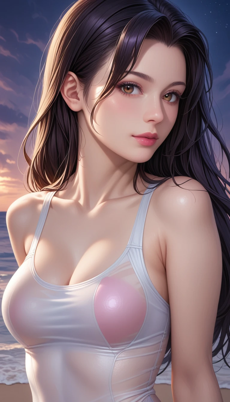 score_9, score_8_superior, score_7_superior, High-resolution CG illustration,A masterpiece in 32K resolution,Highest quality,it is really amazing,Very detailed,Ultra-high resolution,Ultra-realistic,Realistic,Increased depth of field,Cinematic lighting,
Sexy mature Japan woman,
Straight long hair with black hair,Ultra-detailed and beautiful face,Calm and gentle look,Beautiful brown eyes,Translucent white skin,Realistic skin texture,Great proportions,
Sexy high leg swimsuit,
Artistic design,Chic color scheme,Detailed fabric texture,
Dark overcast sky on a dull night,Dark clouds filling the sky,Thundercloud,Coastline at night,Stormy seas,delay々A desolate sandy beach that continues,
Beautiful bust up,Cinematic Angle,