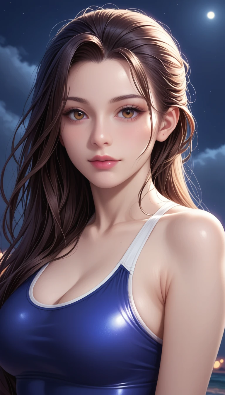 score_9, score_8_superior, score_7_superior, High-resolution CG illustration,A masterpiece in 32K resolution,Highest quality,it is really amazing,Very detailed,Ultra-high resolution,Ultra-realistic,Realistic,Increased depth of field,Cinematic lighting,
Sexy mature Japan woman,
Straight long hair with black hair,Ultra-detailed and beautiful face,Calm and gentle look,Beautiful brown eyes,Translucent white skin,Realistic skin texture,Great proportions,
Sexy high leg swimsuit,
Artistic design,Chic color scheme,Detailed fabric texture,
Dark overcast sky on a dull night,Dark clouds filling the sky,Thundercloud,Coastline at night,Stormy seas,delay々A desolate sandy beach that continues,
Beautiful bust up,Cinematic Angle,