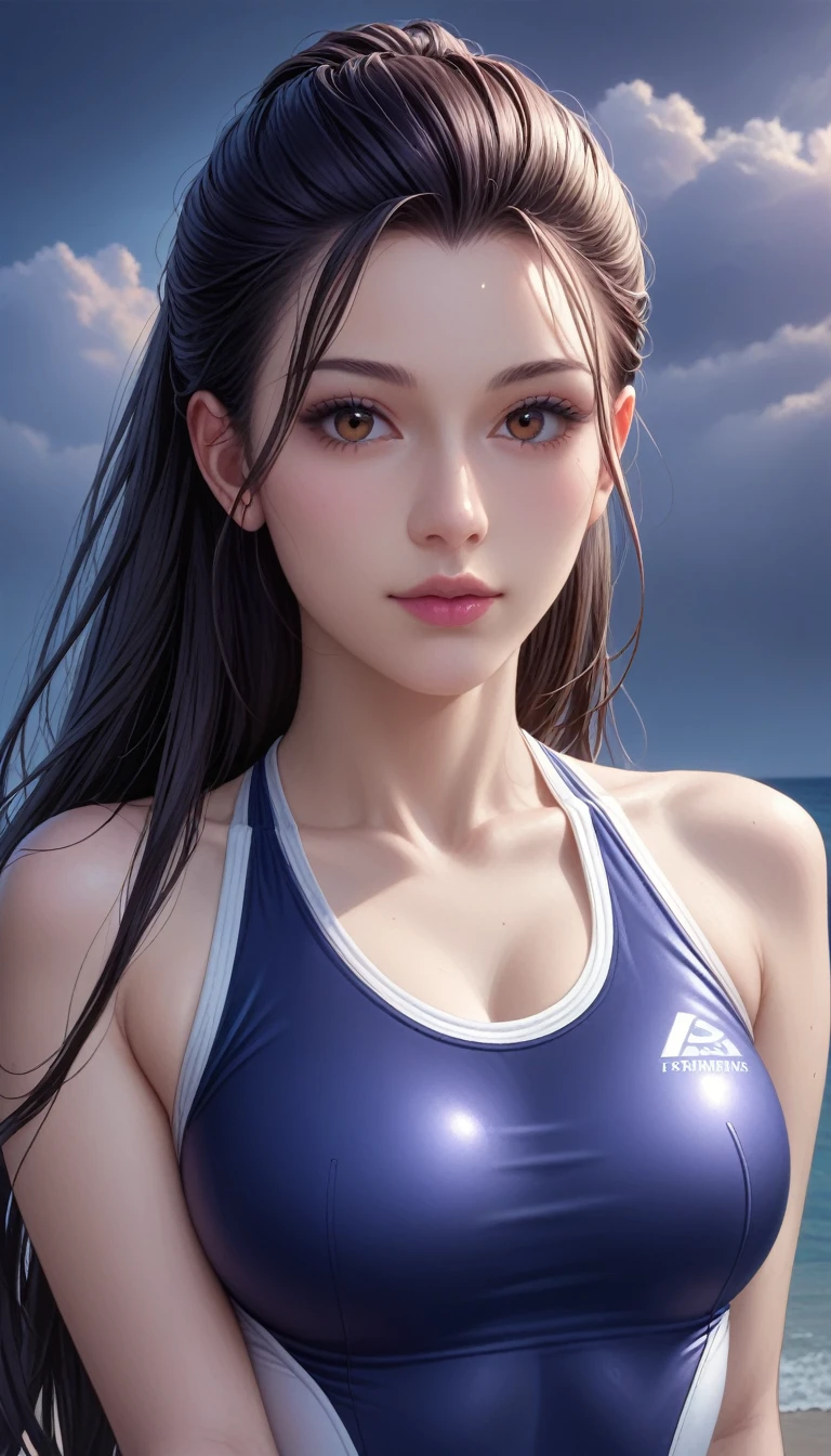 score_9, score_8_superior, score_7_superior, High-resolution CG illustration,A masterpiece in 32K resolution,Highest quality,it is really amazing,Very detailed,Ultra-high resolution,Ultra-realistic,Realistic,Increased depth of field,Cinematic lighting,
Sexy mature Japan woman,
Straight long hair with black hair,Ultra-detailed and beautiful face,Calm and gentle look,Beautiful brown eyes,Translucent white skin,Realistic skin texture,Great proportions,
Sexy high leg swimsuit,
Artistic design,Chic color scheme,Detailed fabric texture,
Dark overcast sky on a dull night,Dark clouds filling the sky,Thundercloud,Coastline at night,Stormy seas,delay々A desolate sandy beach that continues,
Beautiful bust up,Cinematic Angle,