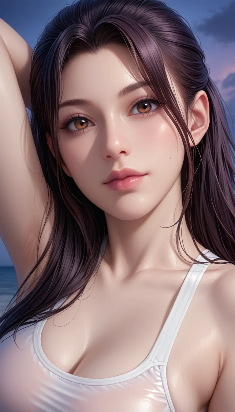 score_9, score_8_superior, score_7_superior, High-resolution CG illustration,A masterpiece in 32K resolution,Highest quality,it is really amazing,Very detailed,Ultra-high resolution,Ultra-realistic,Realistic,Increased depth of field,Cinematic lighting,
Sexy mature Japan woman,
Straight long hair with black hair,Ultra-detailed and beautiful face,Calm and gentle look,Beautiful brown eyes,Translucent white skin,Realistic skin texture,Great proportions,
Sexy high leg swimsuit,
Artistic design,Chic color scheme,Detailed fabric texture,
Dark overcast sky on a dull night,Dark clouds filling the sky,Thundercloud,Coastline at night,Stormy seas,delay々A desolate sandy beach that continues,
Beautiful bust up,Cinematic Angle,