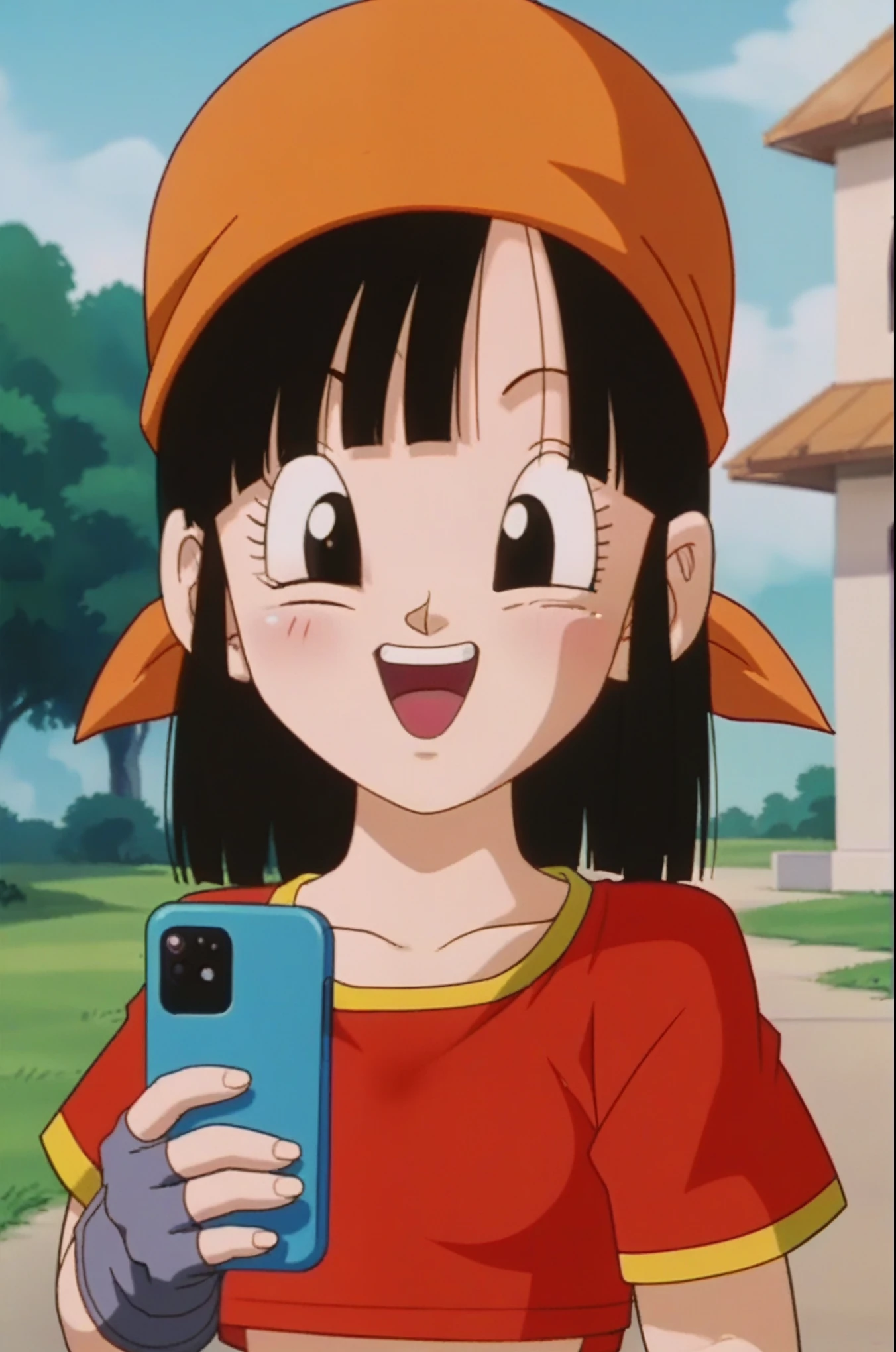 source_anime, score_9, score_8_up, score_7_up, anime screencap,
pangt, 1girl, happy, bangs, closed mouth, blushing, grass, black hair, open sea, sun, light, A hand with thumb and little finger extended, collarbone, whole body, teeth, blunt bangs, outdoors, black eyes, eyelashes, upper teeth only, close-up, red crop top, bandana, retro artstyle, , 1990s \(style\), orange headwear, medium ass, medium breasts, phone