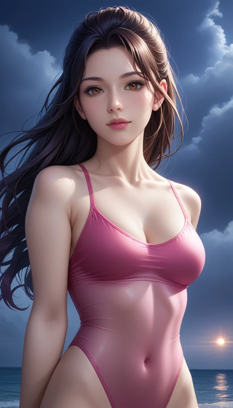 score_9, score_8_superior, score_7_superior, High-resolution CG illustration,A masterpiece in 32K resolution,Highest quality,it is really amazing,Very detailed,Ultra-high resolution,Ultra-realistic,Realistic,Increased depth of field,Cinematic lighting,
Sexy mature Japan woman,
Straight long hair with black hair,Ultra-detailed and beautiful face,Calm and gentle look,Beautiful brown eyes,Translucent white skin,Realistic skin texture,Great proportions,
Sexy high leg swimsuit,
Artistic design,Chic color scheme,Detailed fabric texture,
Dark overcast sky on a dull night,Dark clouds filling the sky,Thundercloud,Coastline at night,Stormy seas,delay々A desolate sandy beach that continues,
Beautiful bust up,Cinematic Angle,