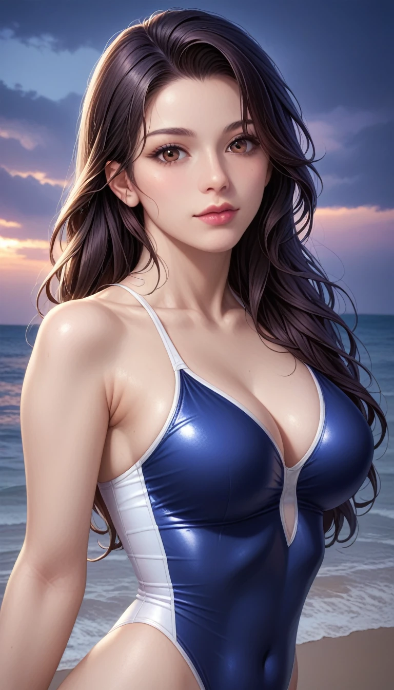 score_9, score_8_superior, score_7_superior, High-resolution CG illustration,A masterpiece in 32K resolution,Highest quality,it is really amazing,Very detailed,Ultra-high resolution,Ultra-realistic,Realistic,Increased depth of field,Cinematic lighting,
Sexy mature Japan woman,
Straight long hair with black hair,Ultra-detailed and beautiful face,Calm and gentle look,Beautiful brown eyes,Translucent white skin,Realistic skin texture,Great proportions,
Sexy high leg swimsuit,
Artistic design,Chic color scheme,Detailed fabric texture,
Dark overcast sky on a dull night,Dark clouds filling the sky,Thundercloud,Coastline at night,Stormy seas,delay々A desolate sandy beach that continues,
Beautiful bust up,Cinematic Angle,