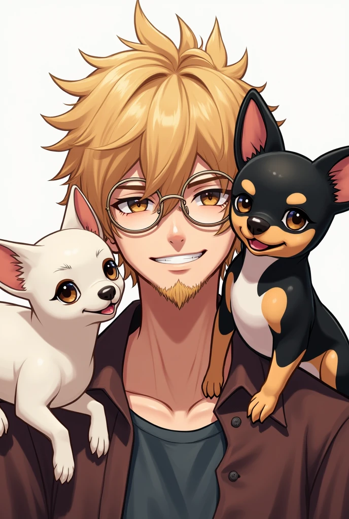 Character with features from the Genshin Impact game, 29-years-old, masculine, blond, brown dark eyes, round circular eyeglasses, casual outfit, Grinning, with beard, social hair, accompanied by a short-haired white Chihuahua dog, and another long-haired chihuahua dog with a double color of black and white.