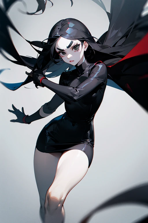 1 girl, black short dress, Black long hair. completely black eyes. pale skin. black eyebrows. Strict. 