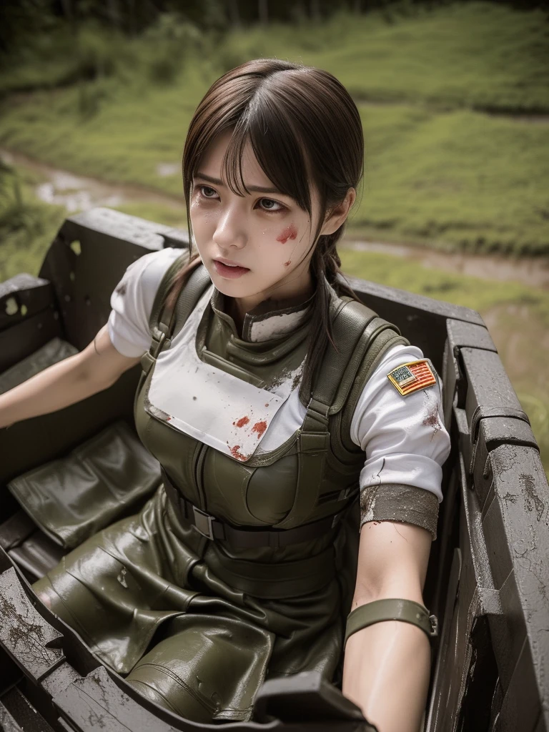 (masterpiece, ultra-detailed, ultra-realistic, best quality, clear focus, photorealistic), (ultra-high resolution, 8k:1.3), cinematic color-grading film, dramatic scenes, shadow, global-illumination, perfect anatomy, perfect face, (detailed face, detailed eye:1.3), (20 years old Japanese cute anime style girl:1.2), (experienced soldier:1.2), professional light, (Fully equipped for battle:1.3), (painful expressions:1.4), (crying:1.2), (wearing a cute soldier's outfits made of leather:1.2), slim waist, (serious injury, lying on a stretcher:1.4), (muddied, damaged wears, damaged body:1.3), (bloodstained clothing:1.3), very large breasts, tactical vest, military harness, face focus,