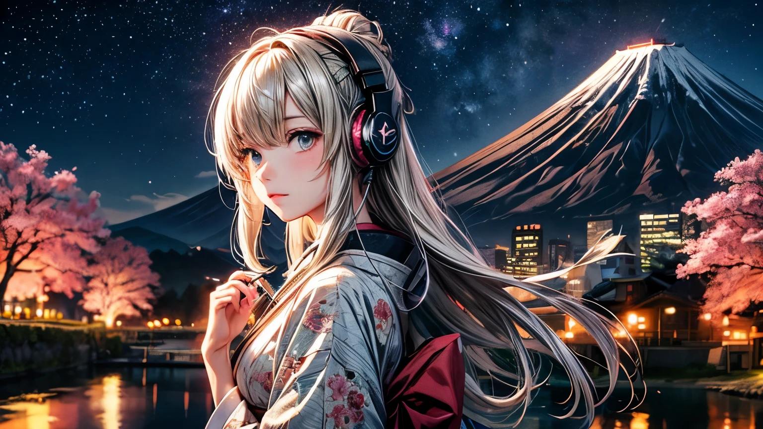 1 beautiful girl, kimono, Mt Fuji and sakura background, at lakeside, ((headphones, wearing headphones)), Ukiyo-e style, ((night, Starry Sky)),