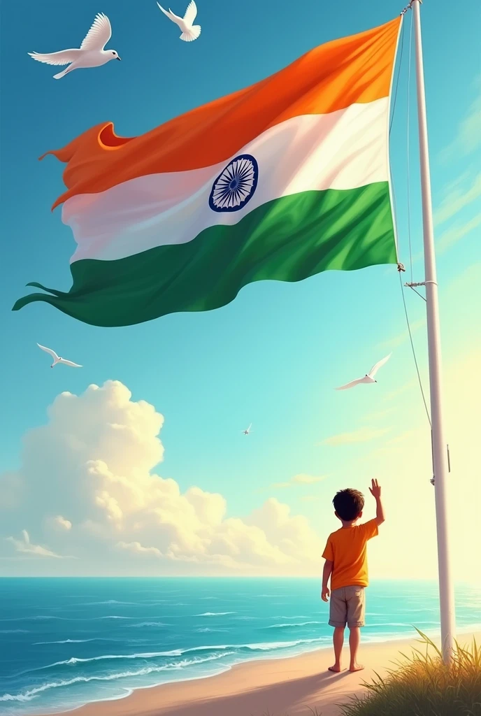 Flying Indian flag in the seashore, the colour of Indian flag spread in the sky, white doves flying in the sky .
A boy salute tha flag