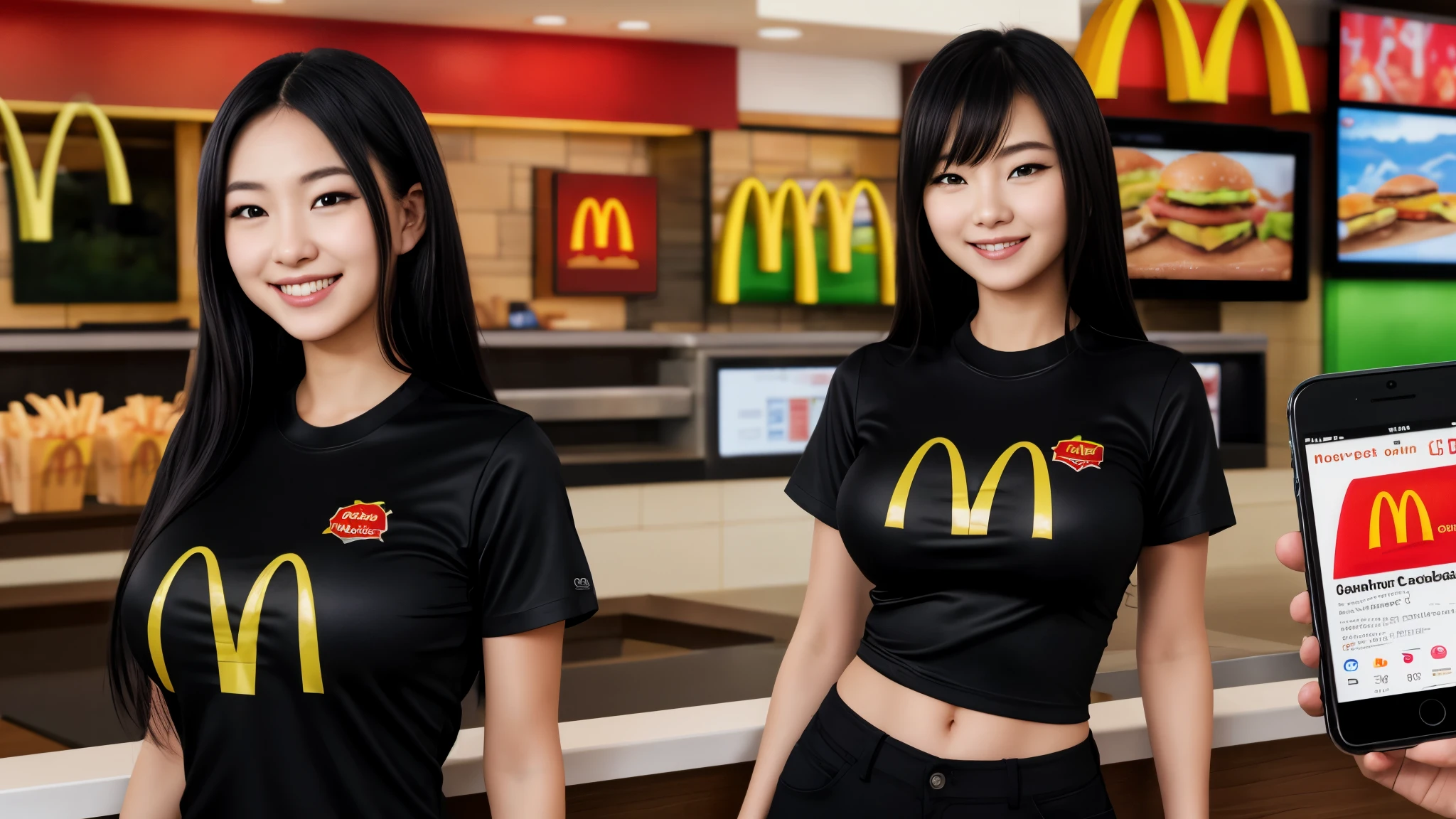 masterpiece, 2girls, cowboy shot, smile, mcdonald's uniform, huge breasts, solo, light smile, shirt, black shirt, skintight uniform, black pants, very long hair, black hair, shirtlift