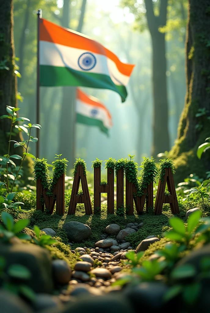 Name “MAHIMA” real 3D  forest background with big Indian flag , leaf text capital , wood peal. stylish in front 3D rendering, typography, 3d render, 