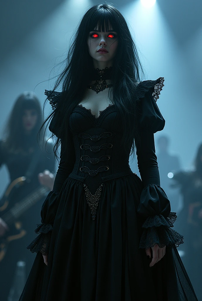 A girl with long black hair and red eyes, gothic outfit, singing at a concert