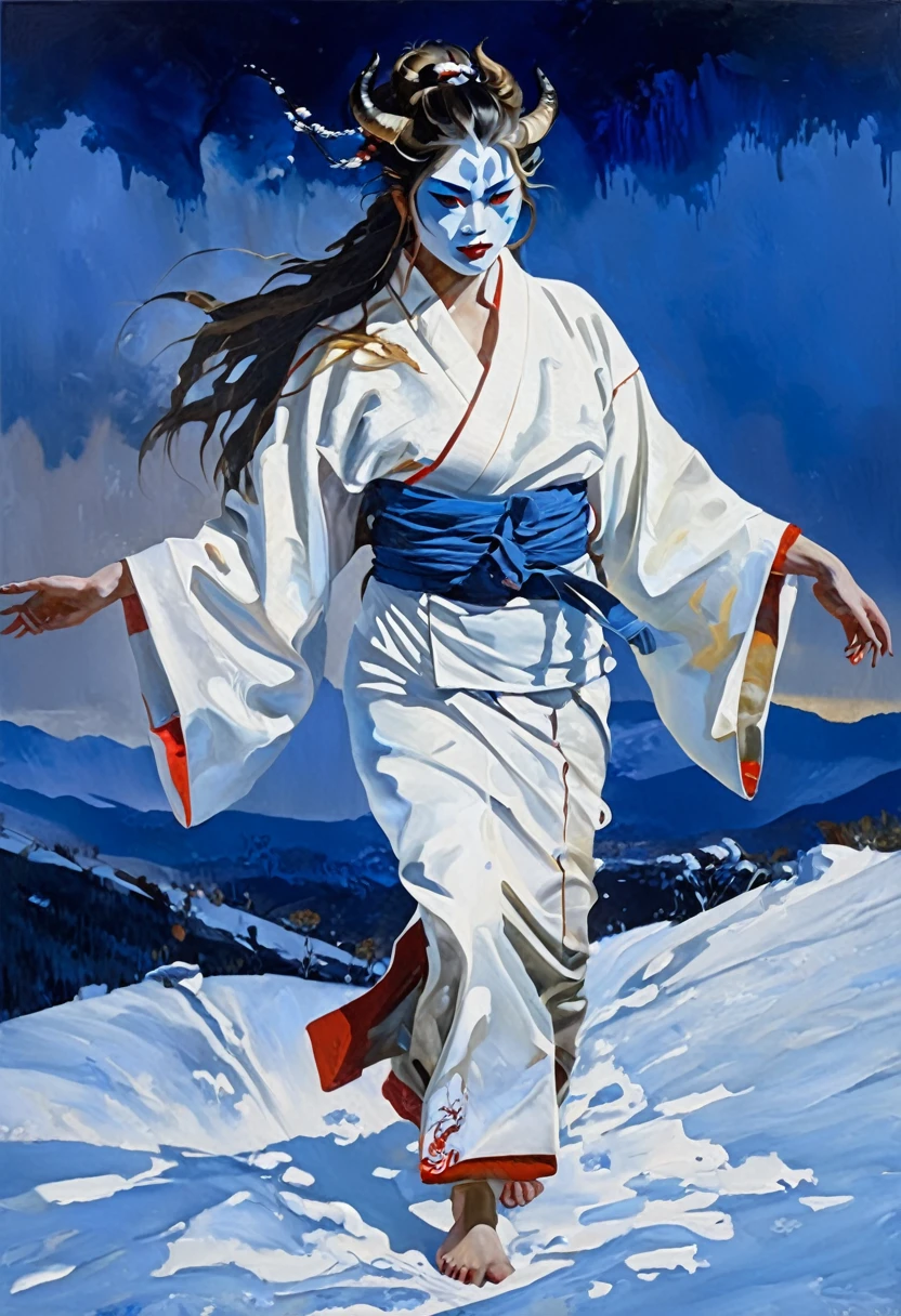 in snow mountains, The weather in the mountains is a blizzard、Painting of a female monster with long hair、Wearing a white kimono、Painting of a female monster with a blue face、A painting of a female demon directing your path、darkness、wind and snow、dark sky, Low light、snow、A beautiful female demon appears in the snowstorm and kills people who get lost.、Black mountain range background、Night mountain background、intricate and intense Oil paints, Abstract Painting, intricate Oil paintsing artwork, Vadim Kashin、Realistic, gives the viewer a detailed impact, a portrait painted with oil paint, , intricate and wet Oil paints, Oil paints, New art beyond dimensions, ryan hewett、bichu、oil paintin、A three-dimensional painting、super masterpiece、Ultra high definition、vivid colors、