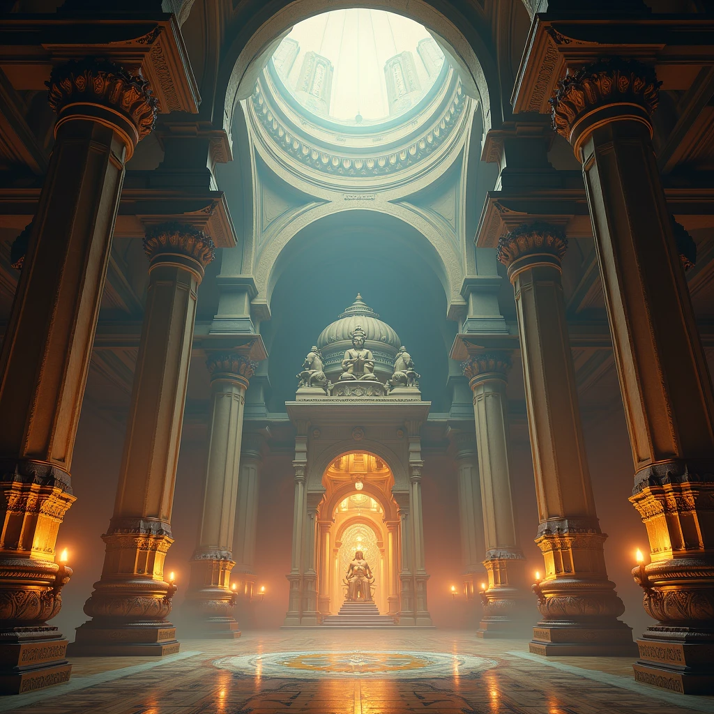 The interior of an Indian temple hall at night,Top Lighting,Light spot,Halo,Fantasy style
