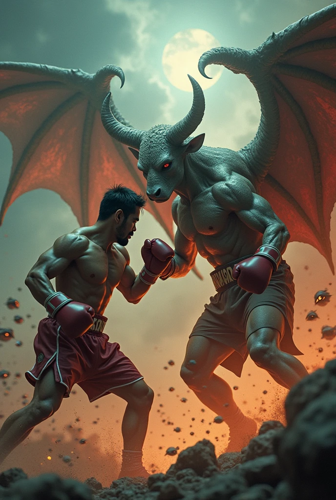 Draw Manny Pacquiao punches the Devil while the Ox with six wings full of eyes watching