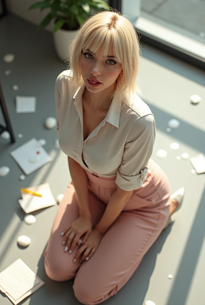 short blonde haire. She has an hourglass figure, massive breasts. ,Wide hips (implants), Prominent buttocks (implants). She's fully clothed, not naked or topless.
kneeling
happy, playfully sticking out her tongue
top view
in a modern office
dressed in an elegant secretary's outfit, wearing a chic, pastel-colored jumpsuit (such as pink or light blue)
moderately-heeled pumps, adding a touch of professionalism
neatly coiffed hair
splashed with milk, with white spots on her blouse
documents scattered around her, creating a lively work atmosphere
