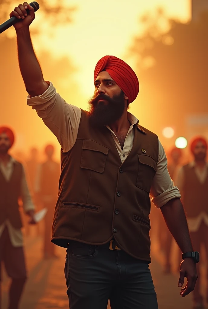 a sikh man reporter, wearing a vest, muscular build, one hand raised up, holding a microphone, dramatic expression, photorealistic, ultra-detailed, 8k, best quality, masterpiece, cinematic lighting, golden hour, vibrant colors, intricate details
