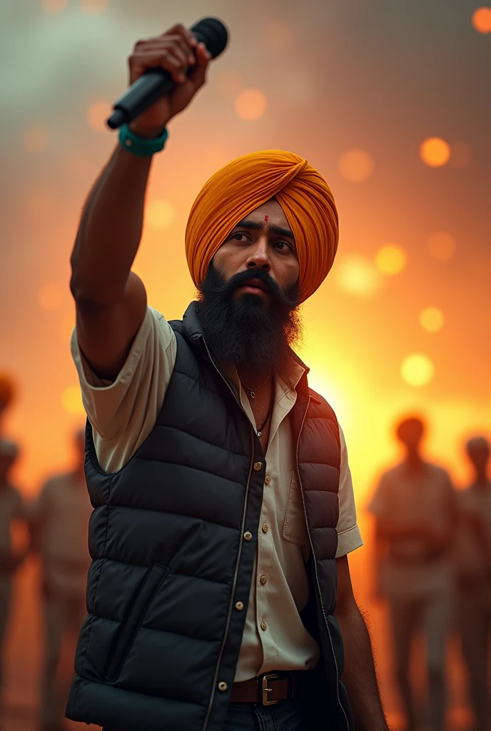 a sikh man reporter, wearing a vest, muscular build, one hand raised up, holding a microphone, dramatic expression, photorealistic, ultra-detailed, 8k, best quality, masterpiece, cinematic lighting, golden hour, vibrant colors, intricate details