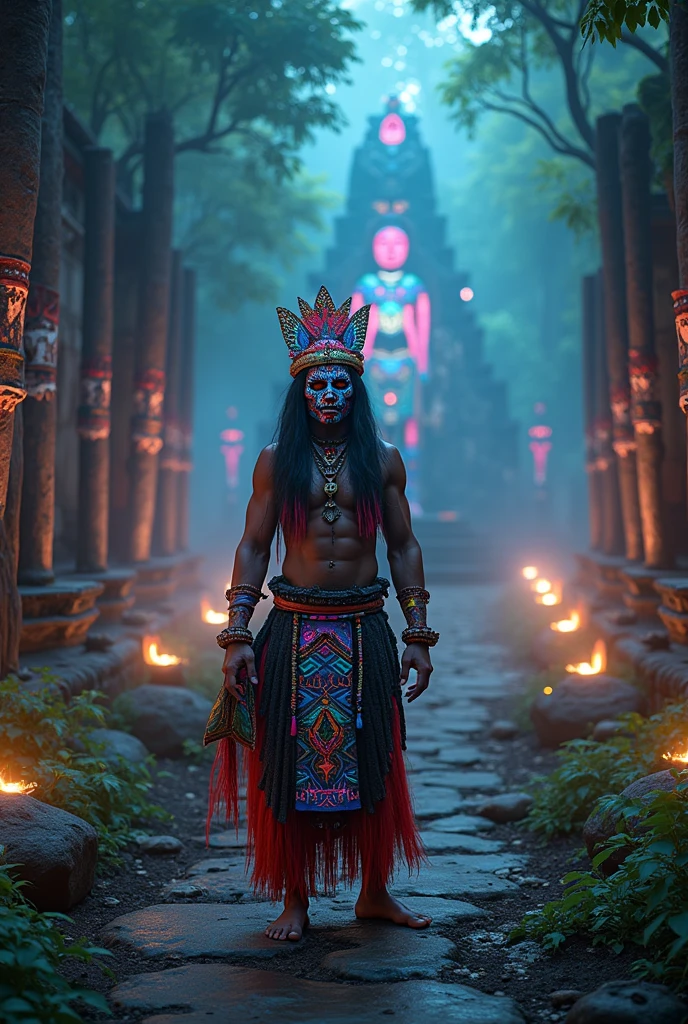 A high-resolution brightly lit photorealistic photograph of a cyberpunk tech wear shaman wearing shamanic ornaments and face mask tribals with tribal clothings and colourfull masks in uv green and blue with criptic signs glowing on the fabric standing by an ancient rain forest temple ruins glowing with criptic symbols of tribals and alienish paterns on the tree trunks glowing in uv red and pink  turquoise blue and green colours smog and misty fog in the atmosphere uv glowing blury lightings on the path way lighting the whole aura broken ruins of ancient goddess skulptor glowing in uv colours a ceremony of the tribes The photograph is styled like a high-end lifestle Movie hdr32 k this orignal image octate render unreal lightings, highly detailed , photo realistic , unreal engine 5, depth of view, add noise, Effet de vent：1.9，Effets de nuage：1.2，Rendu complet，Encaustic painting,flammes, epic, dawn, dramatic lighting, dim light, bokeh, The photograph has a light bright happy feel. Use a high-resolution 16k camera with a 2:3 aspect ratio, a raw style, and a quality setting of 2 to capture this vibrant scene . 32k, full ultra hd, high resolution, photorealistic, natural lighting, ultra realistic photo, high quality, HDR, high resolution, smooth and delicate skin, noble and elegant, ultra-realistic photography vibe, shot with Canon camera, intricate details, 32k --ar 16:9 --s 750 --v 6.1