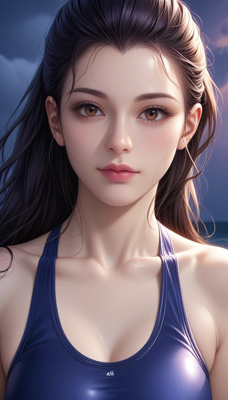 score_9, score_8_superior, score_7_superior, High-resolution CG illustration,A masterpiece in 32K resolution,Highest quality,it is really amazing,Very detailed,Ultra-high resolution,Ultra-realistic,Realistic,Increased depth of field,Cinematic lighting,
Sexy mature Japan woman,
Straight long hair with black hair,Ultra-detailed and beautiful face,Calm and gentle look,Beautiful brown eyes,Translucent white skin,Realistic skin texture,Great proportions,
Sexy high leg swimsuit,
Artistic design,Chic color scheme,Detailed fabric texture,
Dark overcast sky on a dull night,Dark clouds filling the sky,Thundercloud,Coastline at night,Stormy seas,delay々A desolate sandy beach that continues,
Beautiful bust up,Cinematic Angle,