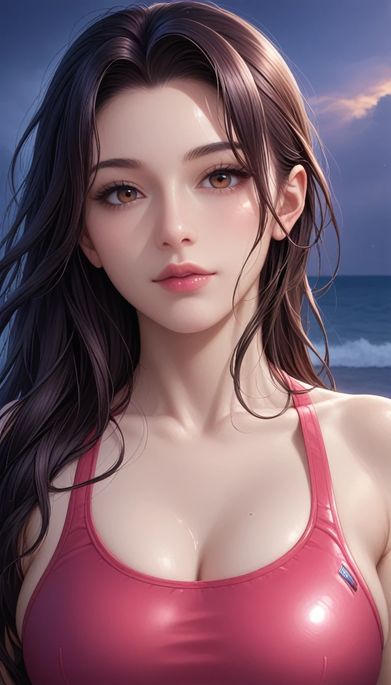 score_9, score_8_superior, score_7_superior, High-resolution CG illustration,A masterpiece in 32K resolution,Highest quality,it is really amazing,Very detailed,Ultra-high resolution,Ultra-realistic,Realistic,Increased depth of field,Cinematic lighting,
Sexy mature Japan woman,
Straight long hair with black hair,Ultra-detailed and beautiful face,Calm and gentle look,Beautiful brown eyes,Translucent white skin,Realistic skin texture,Great proportions,
Sexy high leg swimsuit,
Artistic design,Chic color scheme,Detailed fabric texture,
Dark overcast sky on a dull night,Dark clouds filling the sky,Thundercloud,Coastline at night,Stormy seas,delay々A desolate sandy beach that continues,
Beautiful bust up,Cinematic Angle,