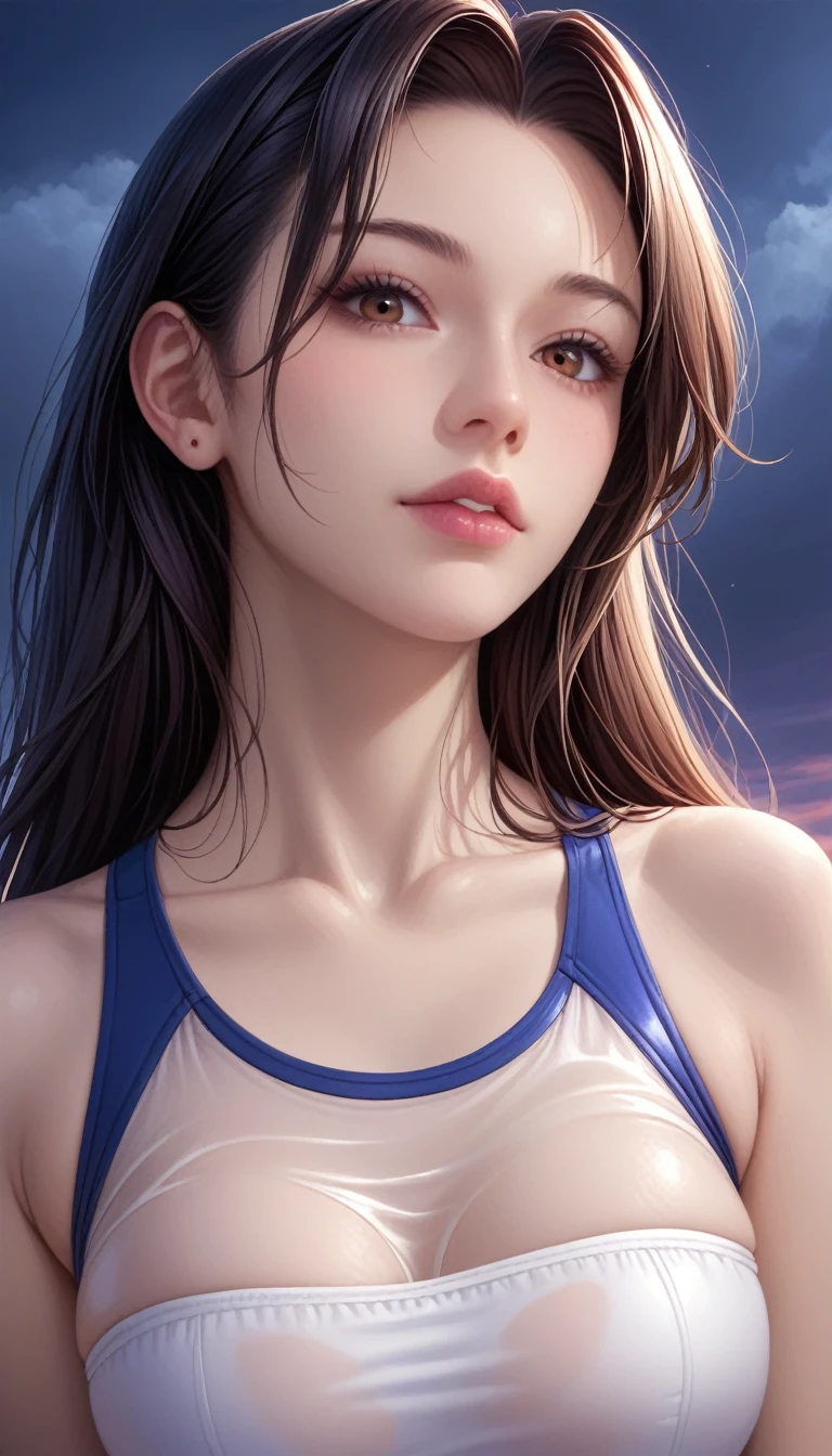 score_9, score_8_superior, score_7_superior, High-resolution CG illustration,A masterpiece in 32K resolution,Highest quality,it is really amazing,Very detailed,Ultra-high resolution,Ultra-realistic,Realistic,Increased depth of field,Cinematic lighting,
Sexy mature Japan woman,
Straight long hair with black hair,Ultra-detailed and beautiful face,Calm and gentle look,Beautiful brown eyes,Translucent white skin,Realistic skin texture,Great proportions,
Sexy high leg swimsuit,
Artistic design,Chic color scheme,Detailed fabric texture,
Dark overcast sky on a dull night,Dark clouds filling the sky,Thundercloud,Coastline at night,Stormy seas,delay々A desolate sandy beach that continues,
Beautiful bust up,Cinematic Angle,