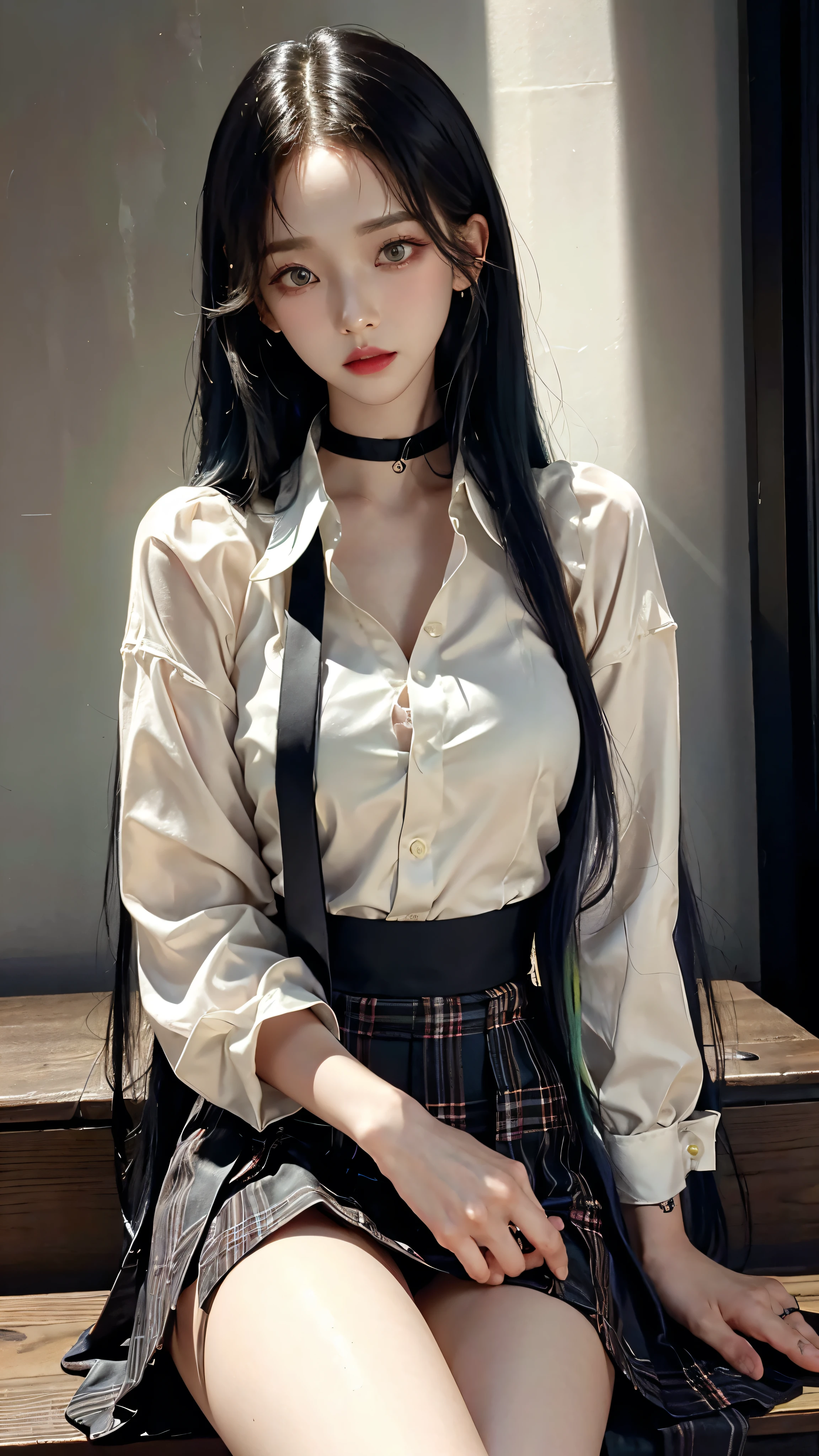 exposed, 큰 chest, 젖어서 chest이 보이는 흰색 shirt, masterpiece, best quality, whole body, 1 woman, forehead, black choker, black necktie, blond hair, panties, blush, bracelet, chest, choker, clothes approximately waist, clavicle, collared shirt, dress shirt, ear piercing, eyebrows visible through hair, gradient hair, 이를 드러내고 laugh, fix, bijouterie, Kogal, long hair, looking at viewer, loose necktie, necktie, piercing, plaid, plaid skirt, pleated skirt, red eyes, ring, , shirt, skirt, laugh, alone, sky, sitting on a chair inside a cafe,illustration, (Magazines:1.3), (sheathe-style:1.3), fashionable, female, vibrant, outfit, posing, front, fancy, dynamic, background, coercion, confidence, expression, possession, name, accessories, majestic, coil, approximately, touch, scene, texts, sheathe, brave, attracting attention, title, Refined, font, catchy, headline, bigger, striking, modern, Trend, Concentrate upon, fashion,