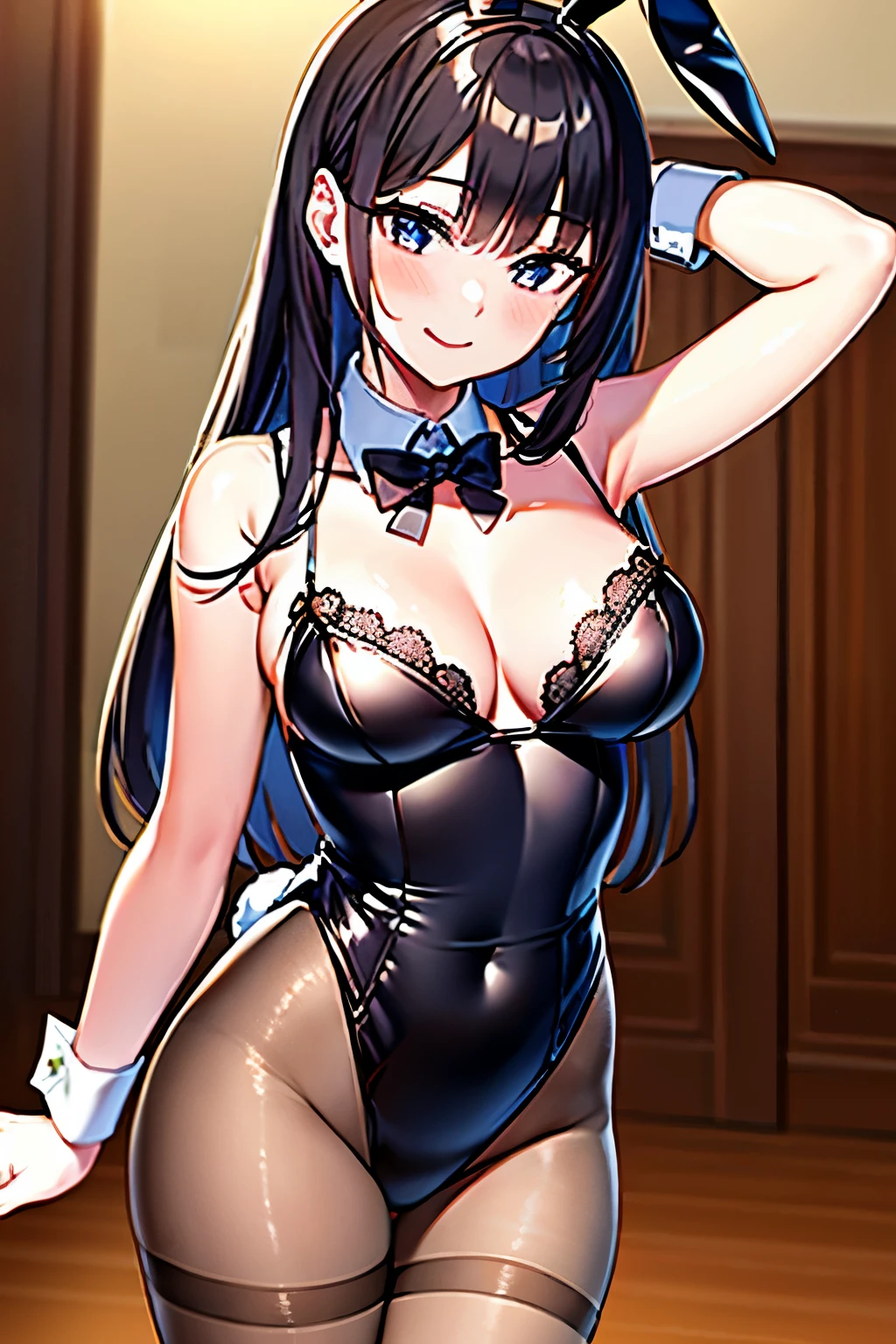 Prompt: masterpiece,best quality,extremely detailed,(Cute sexy girl),(medium large breasts),sexy posing,(enjoy smile),(ultra detailed,sexy see-through lace gold play bunny),(panty hose),gorgeous room,cowboy shot,