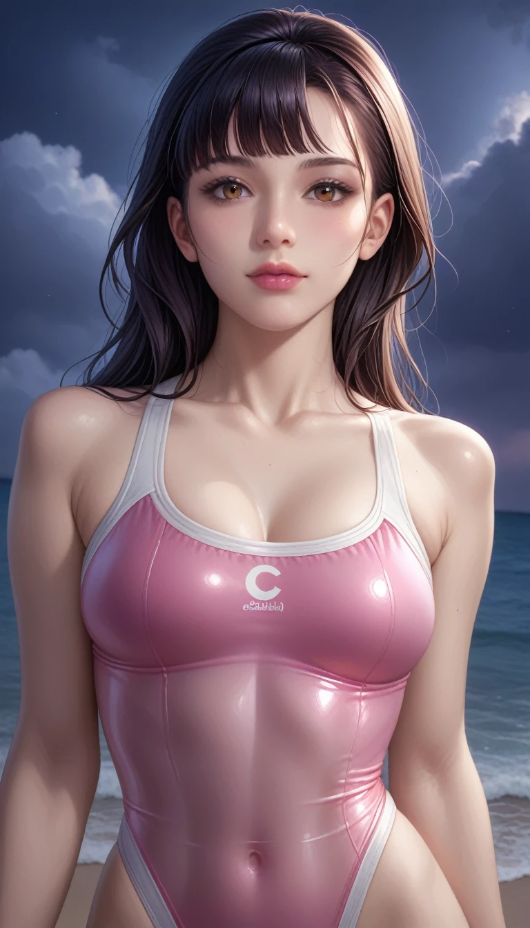 score_9, score_8_superior, score_7_superior, High-resolution CG illustration,A masterpiece in 32K resolution,Highest quality,it is really amazing,Very detailed,Ultra-high resolution,Ultra-realistic,Realistic,Increased depth of field,Cinematic lighting,
Sexy mature Japan woman,
Straight long hair with black hair,Ultra-detailed and beautiful face,Calm and gentle look,Beautiful brown eyes,Translucent white skin,Realistic skin texture,Great proportions,
Sexy high leg swimsuit,
Artistic design,Chic color scheme,Detailed fabric texture,
Dark overcast sky on a dull night,Dark clouds filling the sky,Thundercloud,Coastline at night,Stormy seas,delay々A desolate sandy beach that continues,
Beautiful bust up,Cinematic Angle,