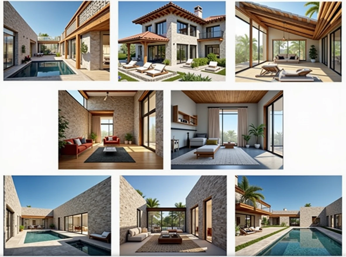 1. Propuesta de Materials (Mood board)
concept: Fusion of traditional and modern materials.
Materials:
Natural Wood: Perfect for floors, roof beams and furniture, bringing warmth and durability.
stone: Una mezcla de stone tradicional para muros y stone pulida para detalles, achieving a balance between rustic and elegant.
Clay Tiles: For ceilings and floors, bringing historical authenticity to the space.
Sustainable Insulation: Use of ecological materials like straw, hemp or recycled wood fiber to maintain a comfortable indoor temperature.
glass: glasss de alta calidad y eficiencia energética para ventanas, improving natural light and connecting the interior with the exterior.
Suggested Images: Sample wood photos, stone, Clay Tiles, eco-friendly insulation materials and glass windows.