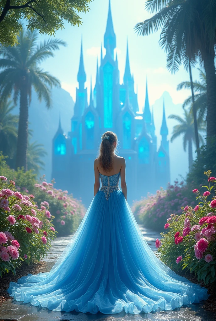 1girl, blue wedding dress, looked at viewer,blue crystal palace surrounded by flowers and trees,blue sky and clouds,against a pink dreamy background,full body shot,in the style of fantasy, high-definition,photography,dreamy background,lighting shooting,soft lighting , super details,surrealism,panoramic style,princess dress,