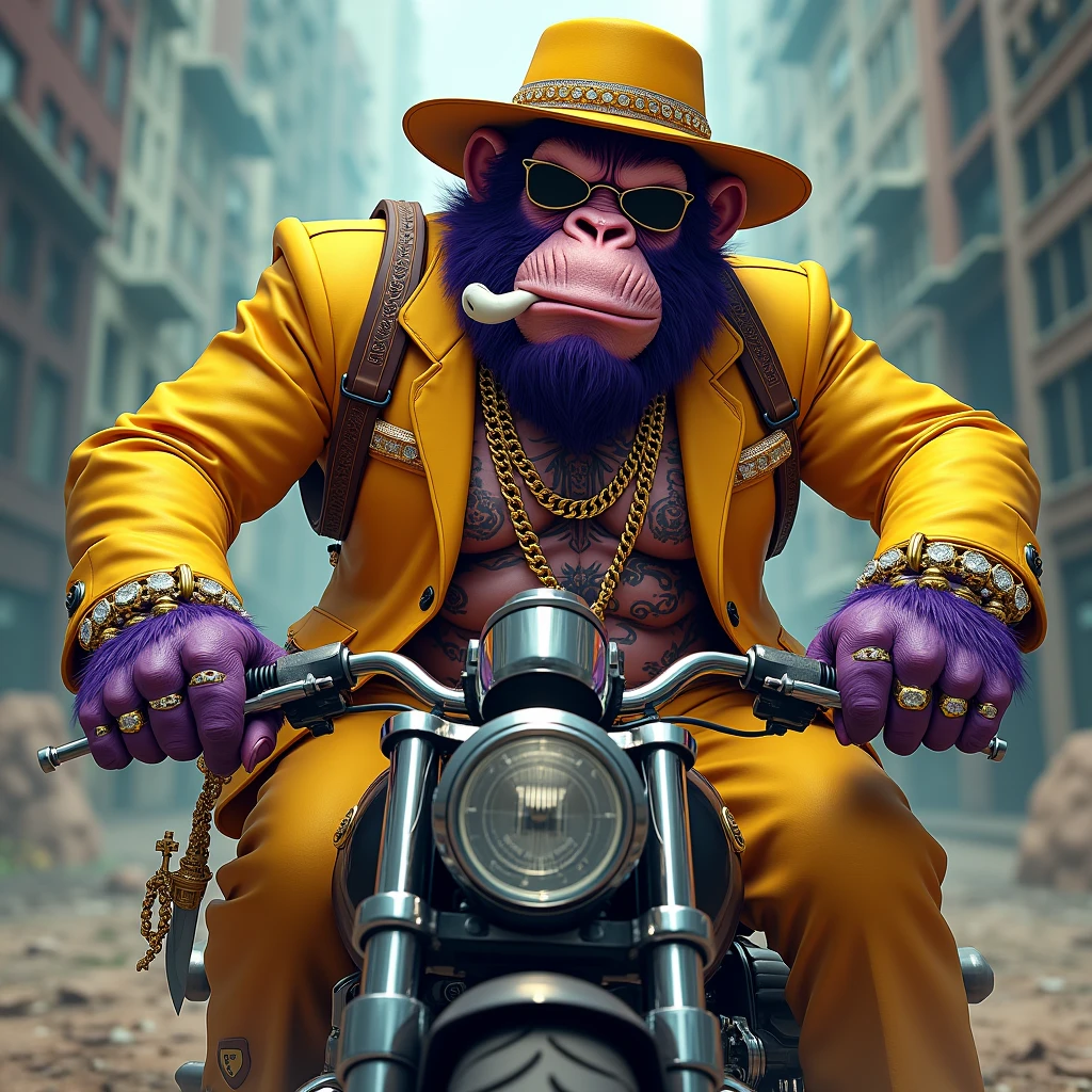 1 purple ape, with a yellow gangster suit with chains, hat and glasses, tattooed, with huge diamond and gold rings, smoking with a pipe, riding a motorcycle with a backpack and a knife in one hand