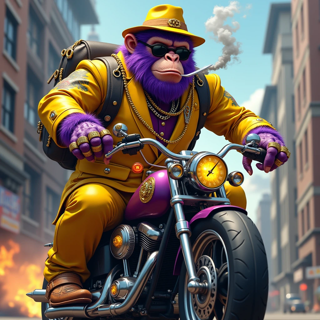 1 purple ape, with a yellow gangster suit with chains, hat and glasses, tattooed, with huge diamond and gold rings, smoking with a pipe, riding a motorcycle with a backpack and a knife in one hand