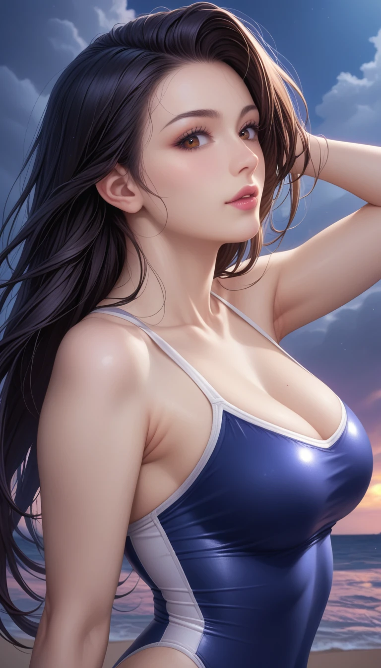 score_9, score_8_superior, score_7_superior, High-resolution CG illustration,A masterpiece in 32K resolution,Highest quality,it is really amazing,Very detailed,Ultra-high resolution,Ultra-realistic,Realistic,Increased depth of field,Cinematic lighting,
Sexy mature Japan woman,
Straight long hair with black hair,Ultra-detailed and beautiful face,Calm and gentle look,Beautiful brown eyes,Translucent white skin,Realistic skin texture,Great proportions,
Sexy high leg swimsuit,
Artistic design,Chic color scheme,Detailed fabric texture,
Dark overcast sky on a dull night,Dark clouds filling the sky,Thundercloud,Coastline at night,Stormy seas,delay々A desolate sandy beach that continues,
Beautiful bust up,Cinematic Angle,