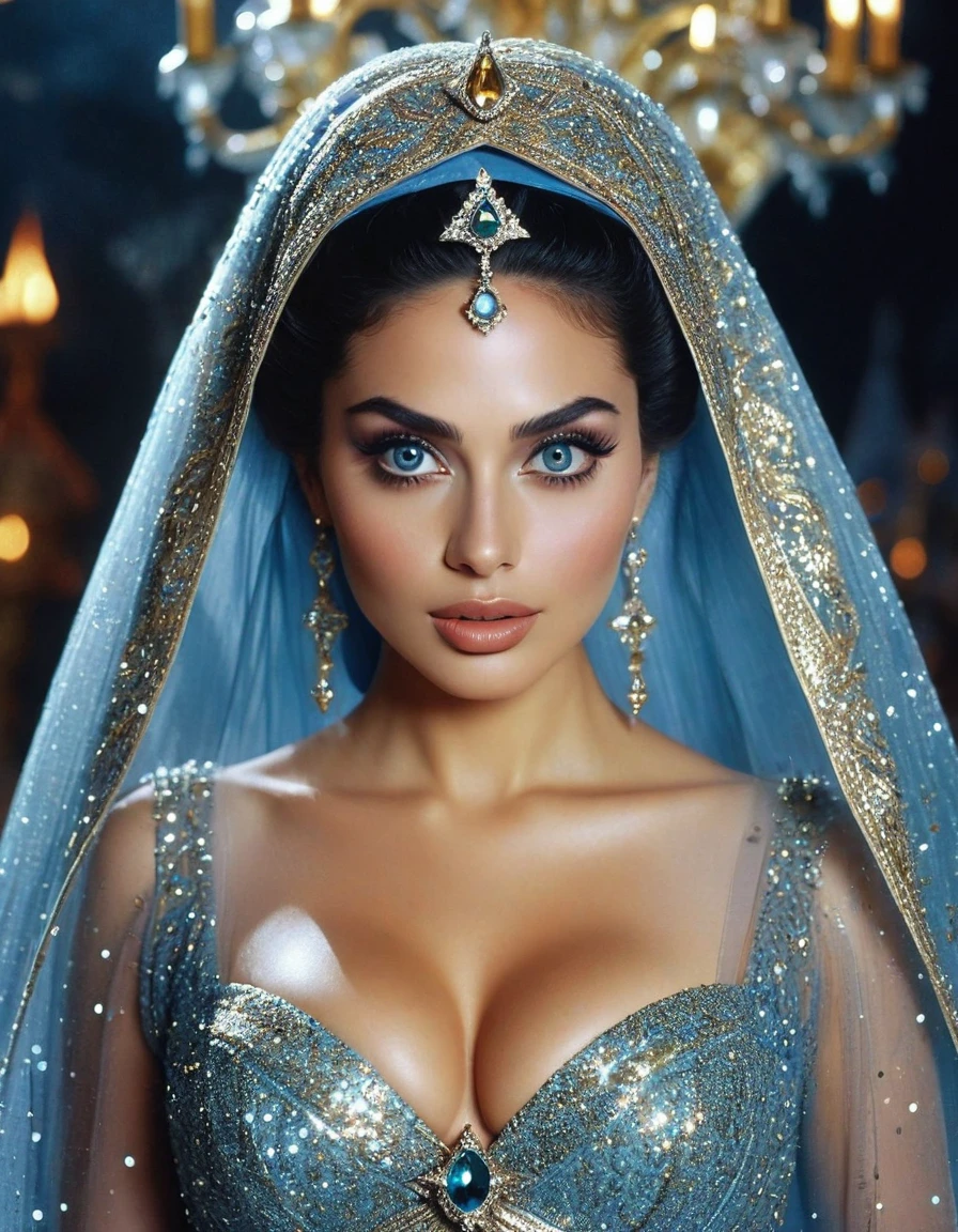 sexy andd alluring celestial extremely beautiful and elegant Hazrat cinderella 1990 live - action movie first look, grainy, vhs filter, wearing glittery tulle cape and glittery tulle cloak as ancient and enigmatic muslim prophetess with irresistible holy aura, invites infidels to monothemism, her gaze towards people makes to be ashamed of themselves, her power are in her celestial shiny creepy hypnotic eyes and face with magics, she has shiny hypnotic eyes of a witch to make you freezed and brainwashed, gleamy gaze of a dangerous and scary bewitchful glittery hypnotic eye, her huge bossoms curves are beautifuly and insatiably swallen and peaks underneath of her dress ans it is seductive and sexy and alluring and pervetful, manipulative and sensual body shape, very hypnotic and intensely sensual