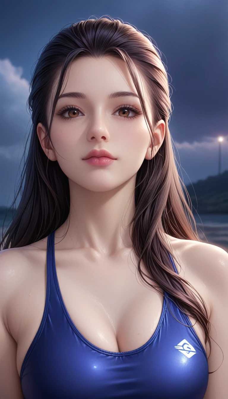 score_9, score_8_superior, score_7_superior, High-resolution CG illustration,A masterpiece in 32K resolution,Highest quality,it is really amazing,Very detailed,Ultra-high resolution,Ultra-realistic,Realistic,Increased depth of field,Cinematic lighting,
Sexy mature Japan woman,
Straight long hair with black hair,Ultra-detailed and beautiful face,Calm and gentle look,Beautiful brown eyes,Translucent white skin,Realistic skin texture,Great proportions,
Sexy high leg swimsuit,
Artistic design,Chic color scheme,Detailed fabric texture,
Dark overcast sky on a dull night,Dark clouds filling the sky,Thundercloud,Coastline at night,Stormy seas,delay々A desolate sandy beach that continues,
Beautiful bust up,Cinematic Angle,