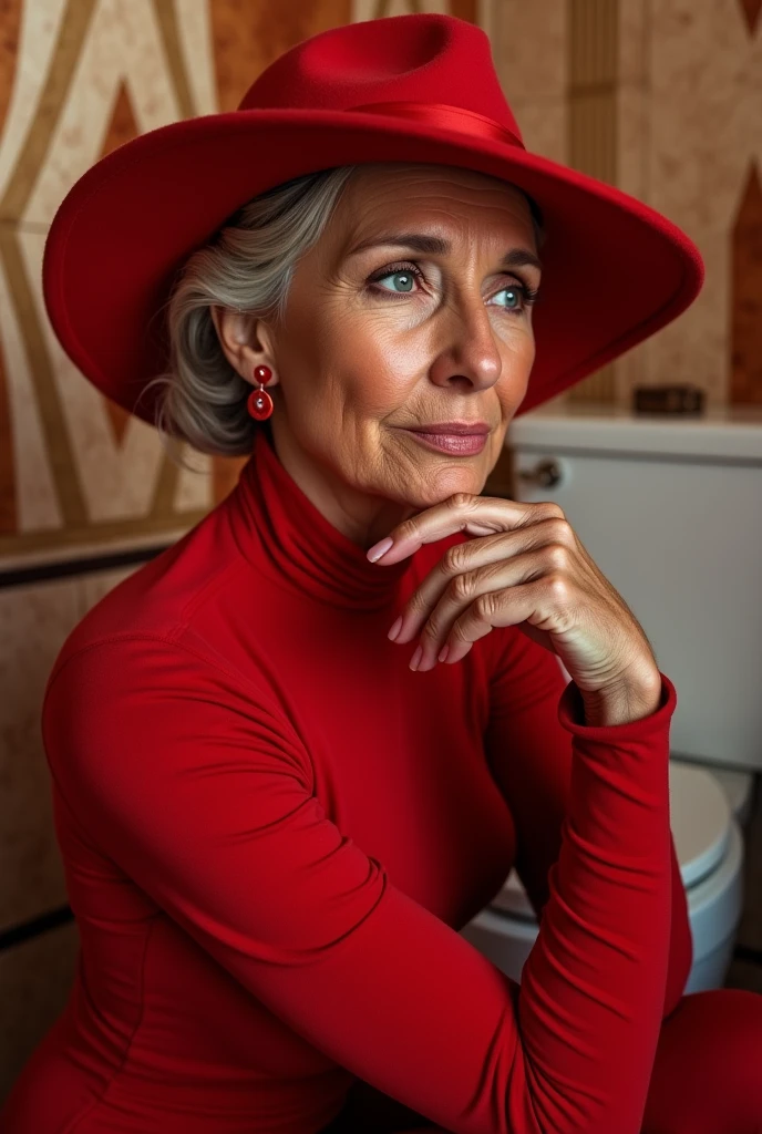 60 years old beautiful woman, double chin, wrinkled face, skin imperfections, freckles, elegant top class lady, round face, dressed with a tigth elegant red high fashion futuristic art deco dress, red hat, sit on a toilet of an art deco bathroom, thoughtful, hyper detailed realistic scene, closeup shot, dynamic natural pose, full body shot