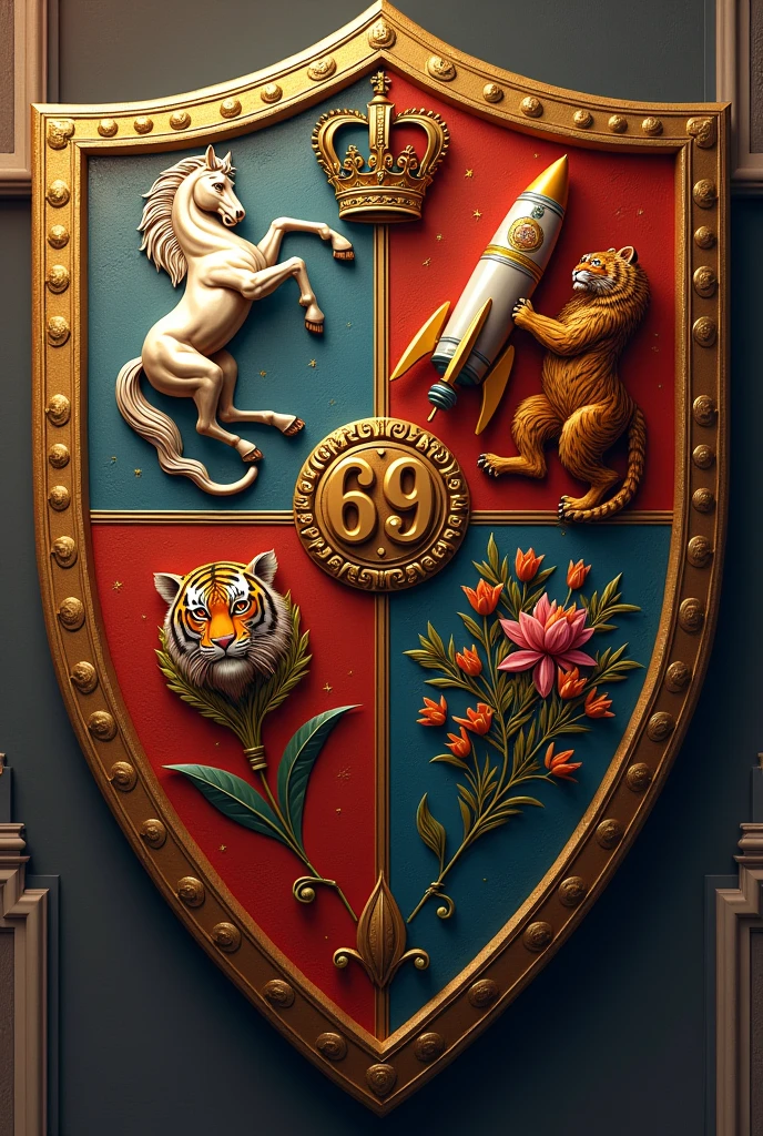 Create a Roman shield logo with the number 69 and featuring a horse, tiger, crown, rocket, and chaiyaphruek flower.