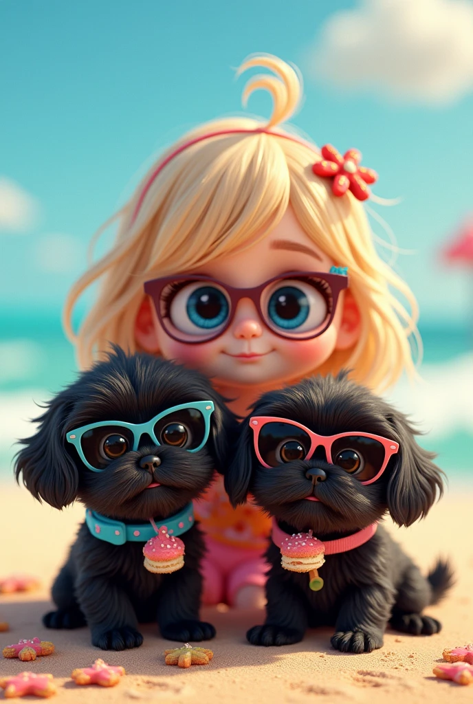 cute adorable 2 black shih tzu puppies with big blue eyes wearing sunglasses, cute blonde girl with big blue eyes wearing sunglasses, extremely detailed, big blue eyes, wearing colorful collar and sunglasses, served treats on a platter, 3D Pixar style, at beach, photorealistic, (best quality,8k,highres,masterpiece:1.2),ultra-detailed,(realistic:1.37),HDR,vivid colors,studio lighting